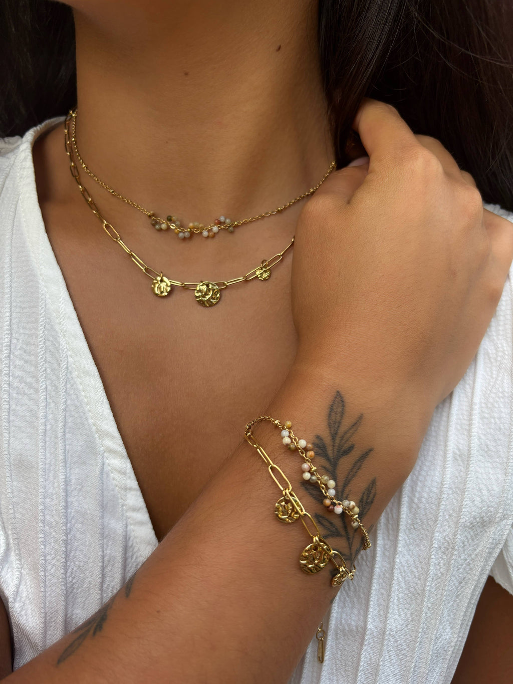 18ct Gold Plated Tourmaline Beads Double Chain Necklace
