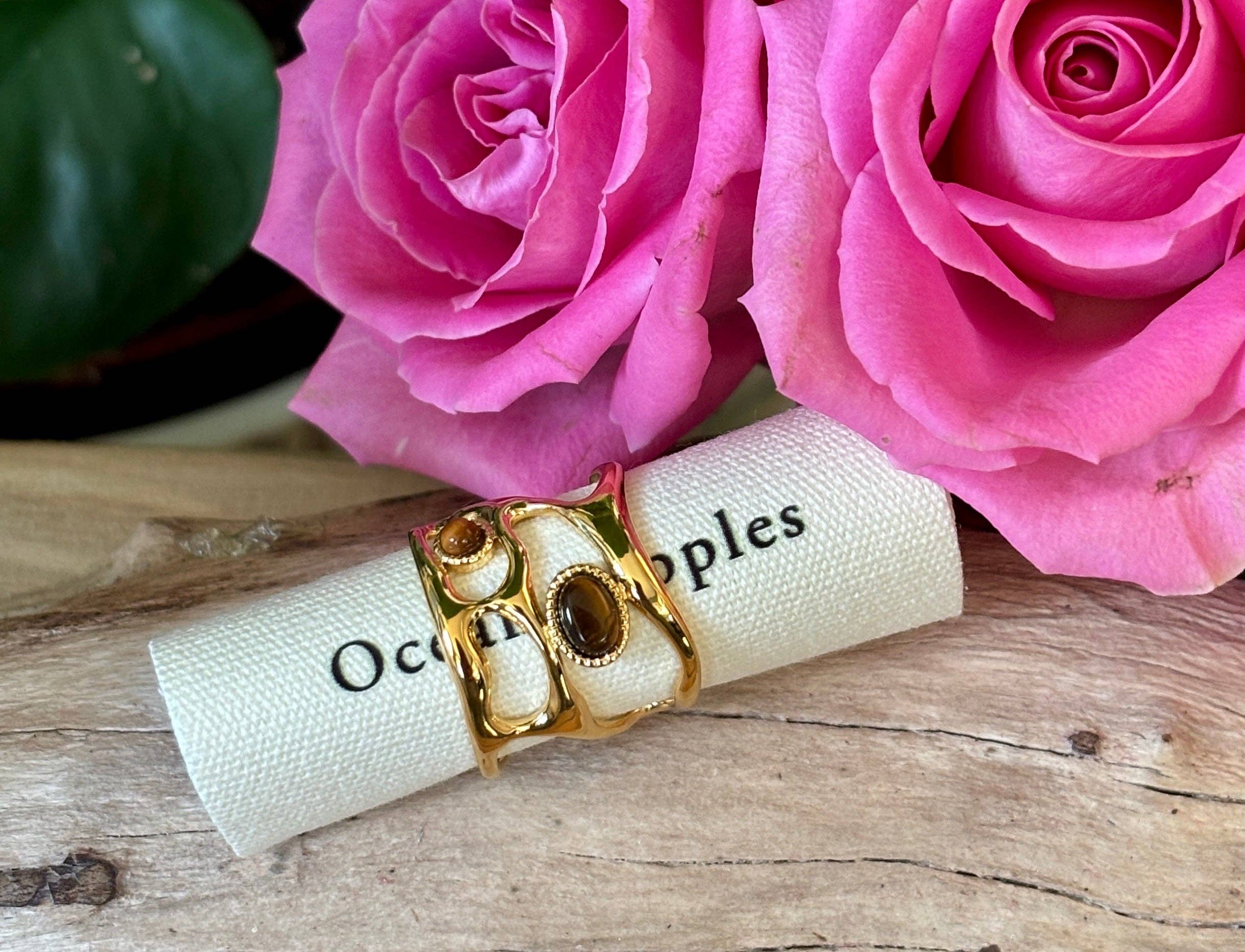 18ct Gold Plated Adjustable Tiger's Eye Cage Ring   