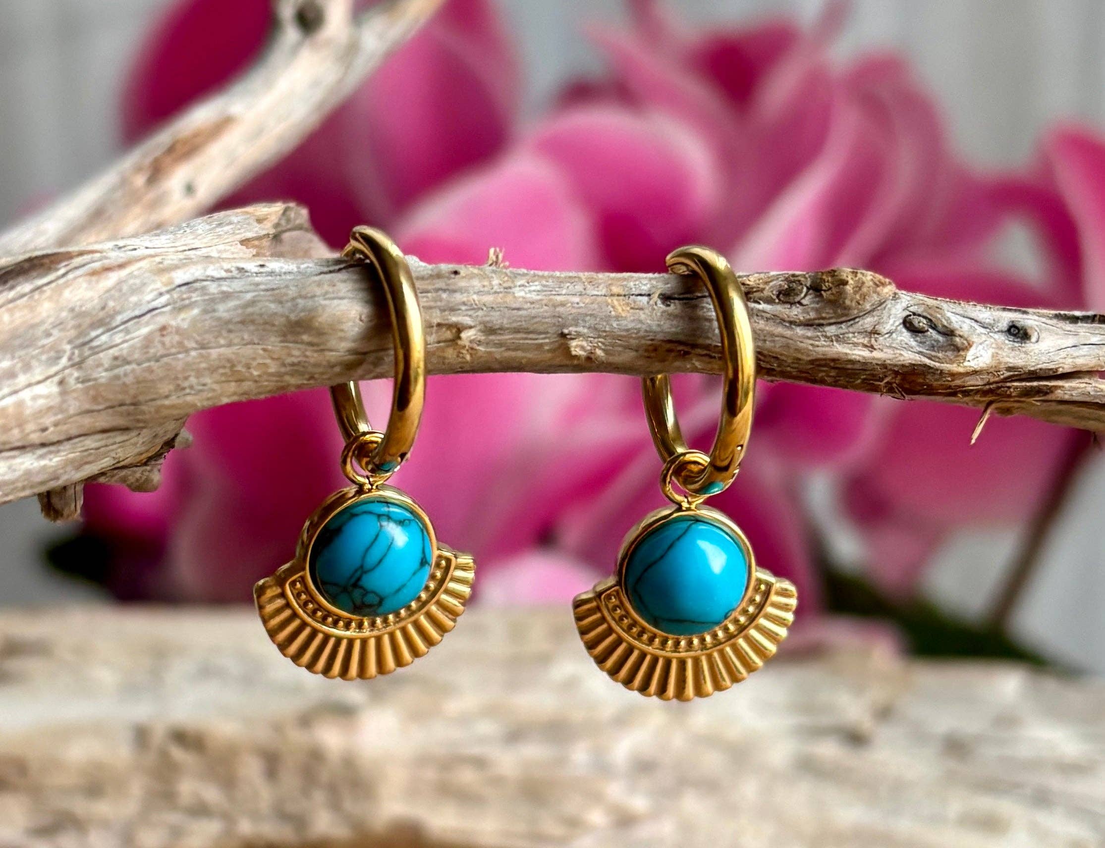 18ct Gold Plated Turquoise Fan Huggie Earrings