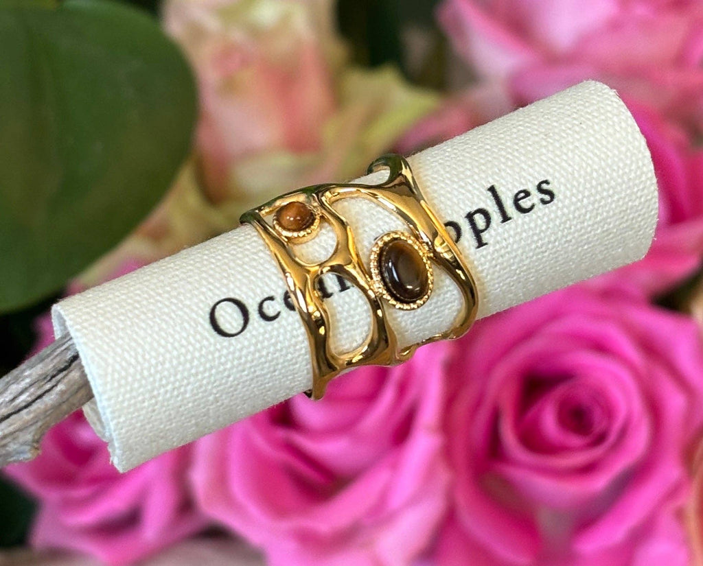 18ct Gold Plated Adjustable Tiger's Eye Cage Ring   
