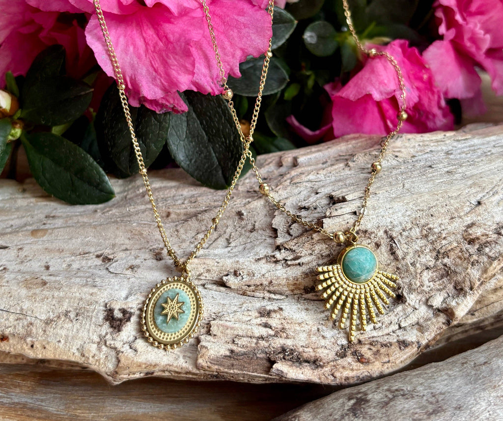 18ct Gold Plated Amazonite Feather Pendant Necklace  