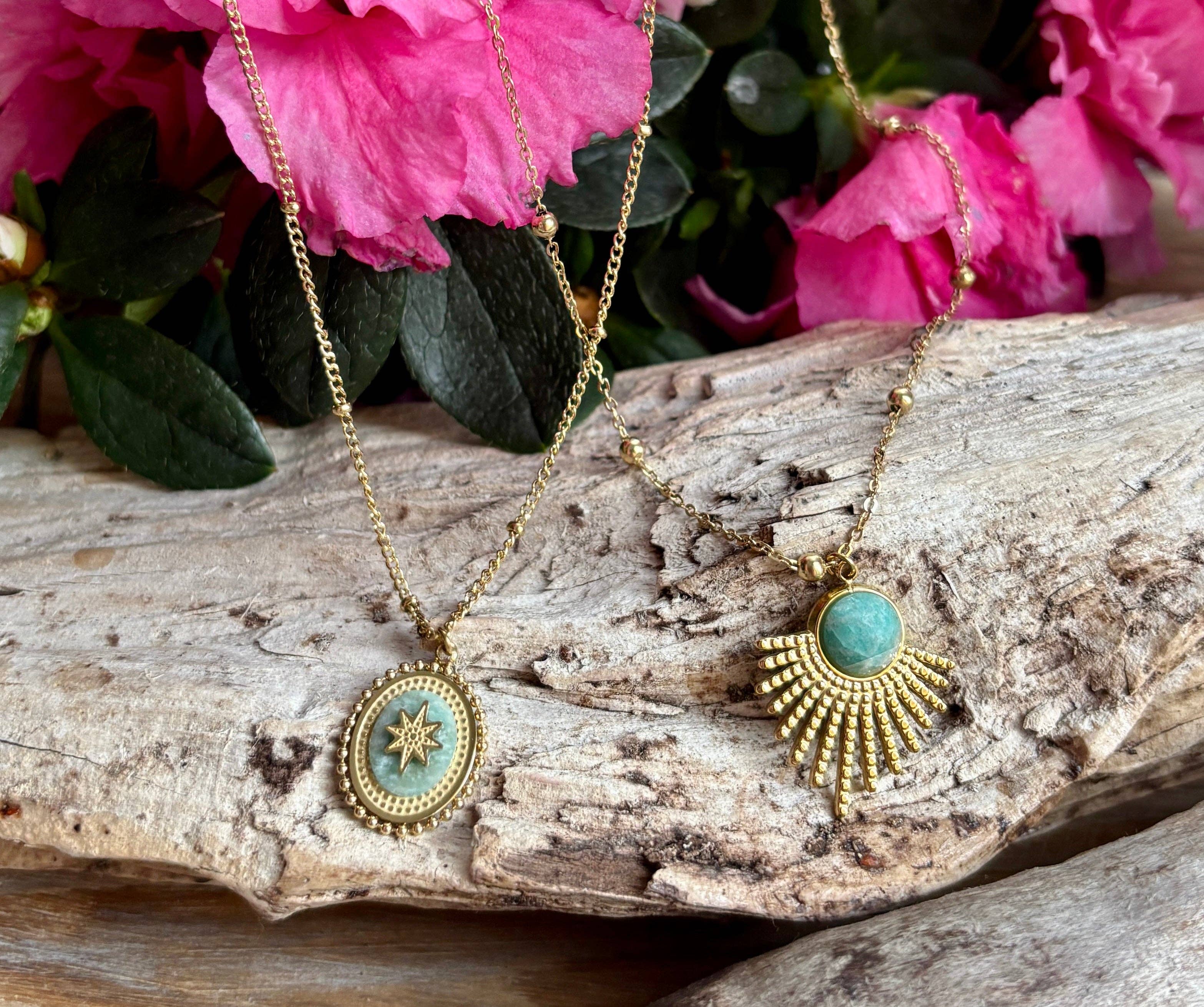 18ct Gold Plated Amazonite Feather Pendant Necklace  