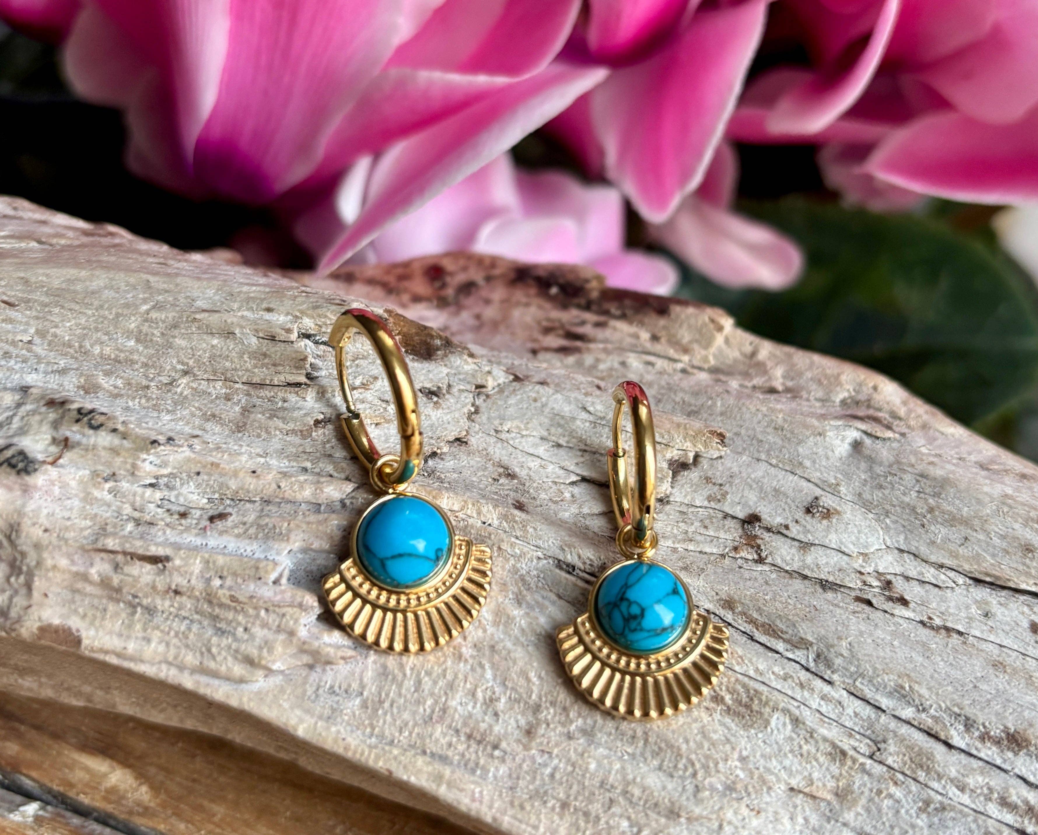 18ct Gold Plated Turquoise Fan Huggie Earrings