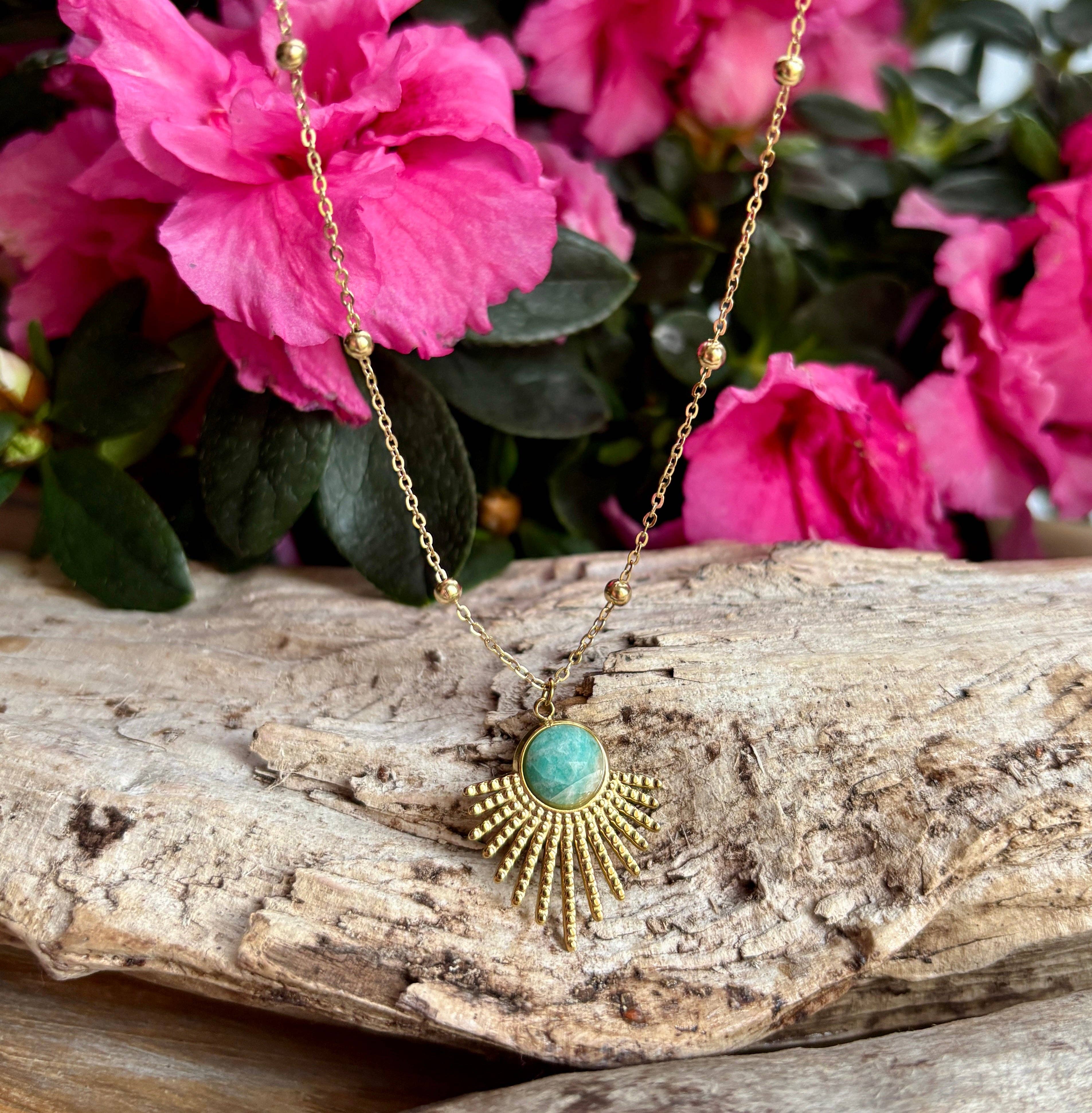18ct Gold Plated Amazonite Feather Pendant Necklace  