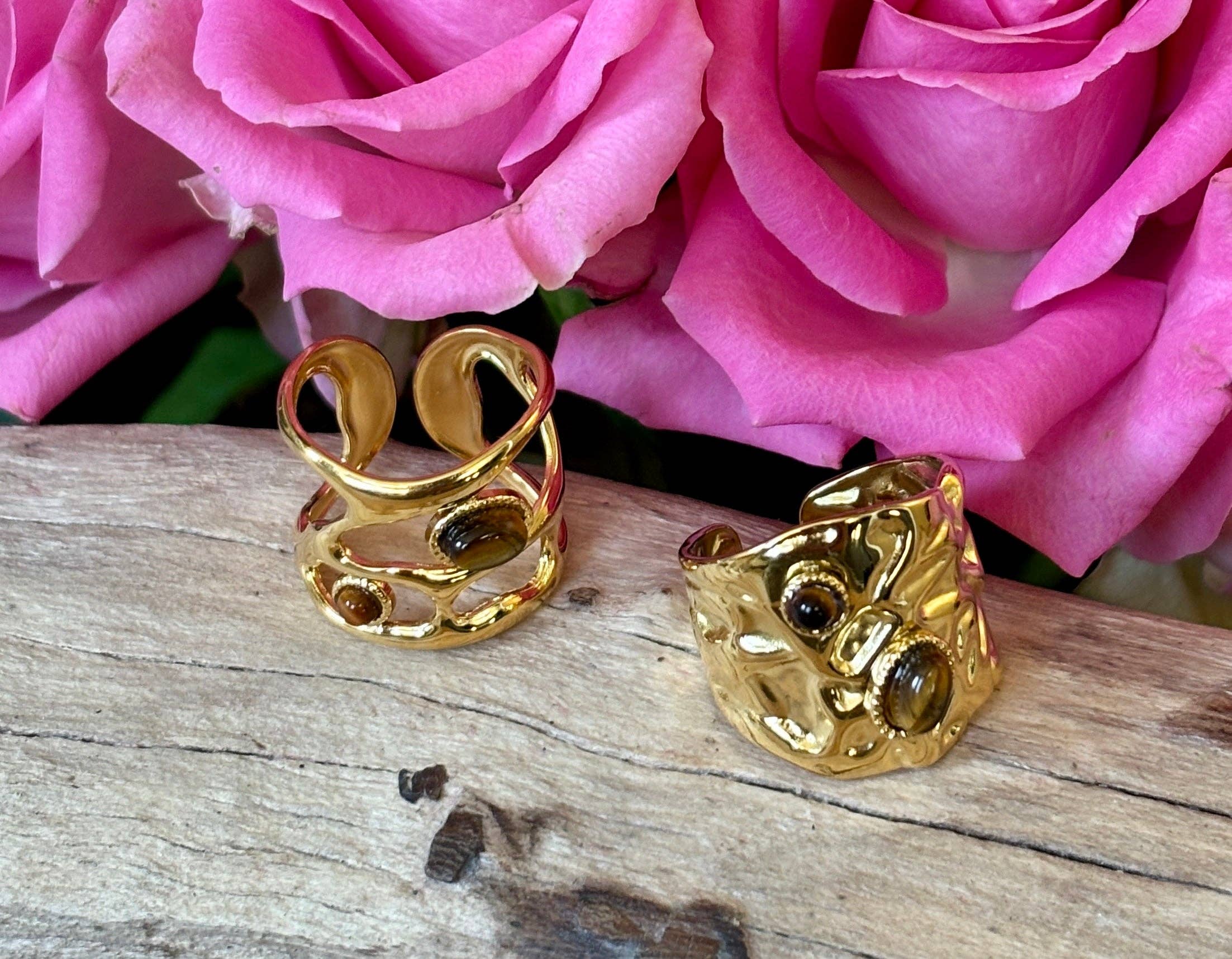 18ct Gold Plated Adjustable Tiger's Eye Cage Ring   