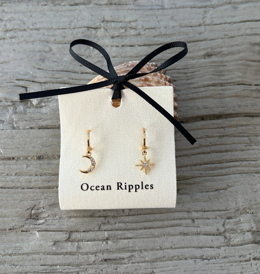 14ct Gold Plated Mismatched Cubic Zirconia Star And Moon Huggie Earrings