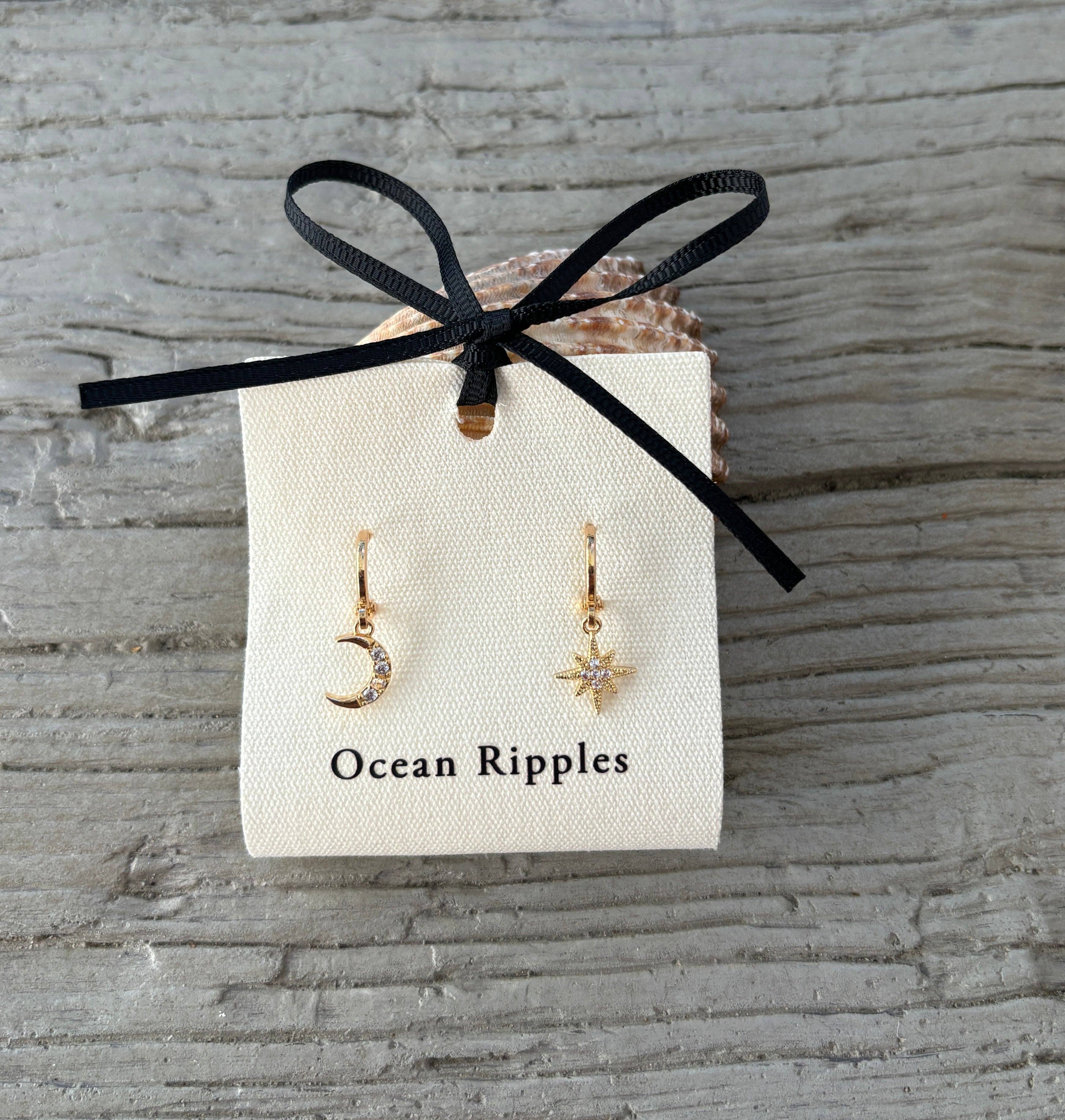 14ct Gold Plated Mismatched Cubic Zirconia Star And Moon Huggie Earrings