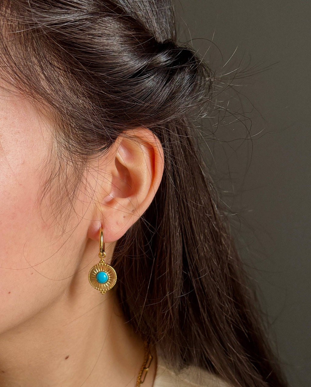 18ct Gold Plated Turquoise Sun Disc Huggie Earrings
