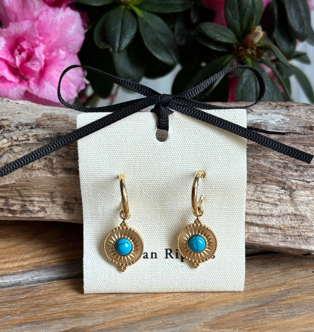18ct Gold Plated Turquoise Sun Disc Huggie Earrings