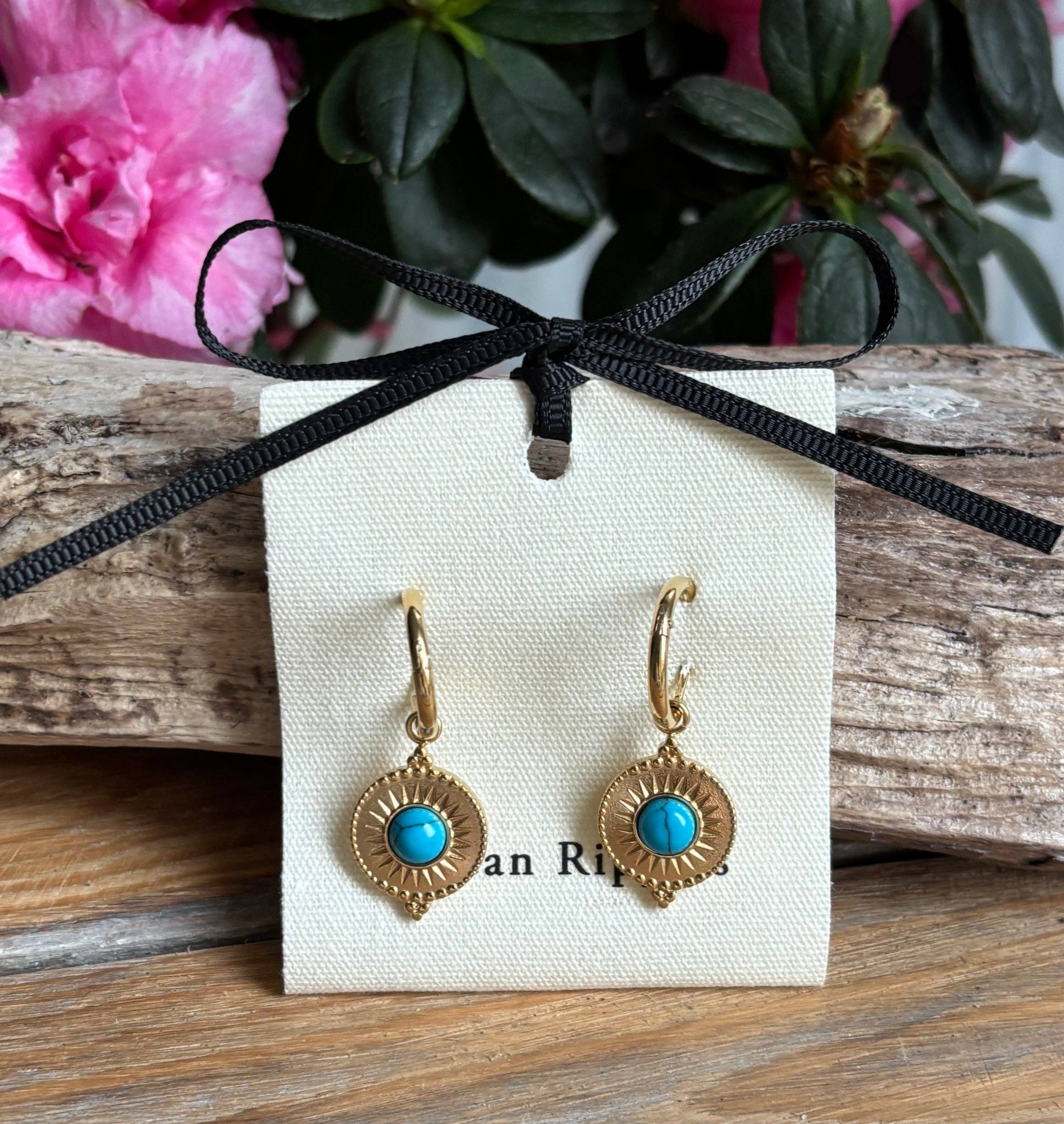18ct Gold Plated Turquoise Sun Disc Huggie Earrings