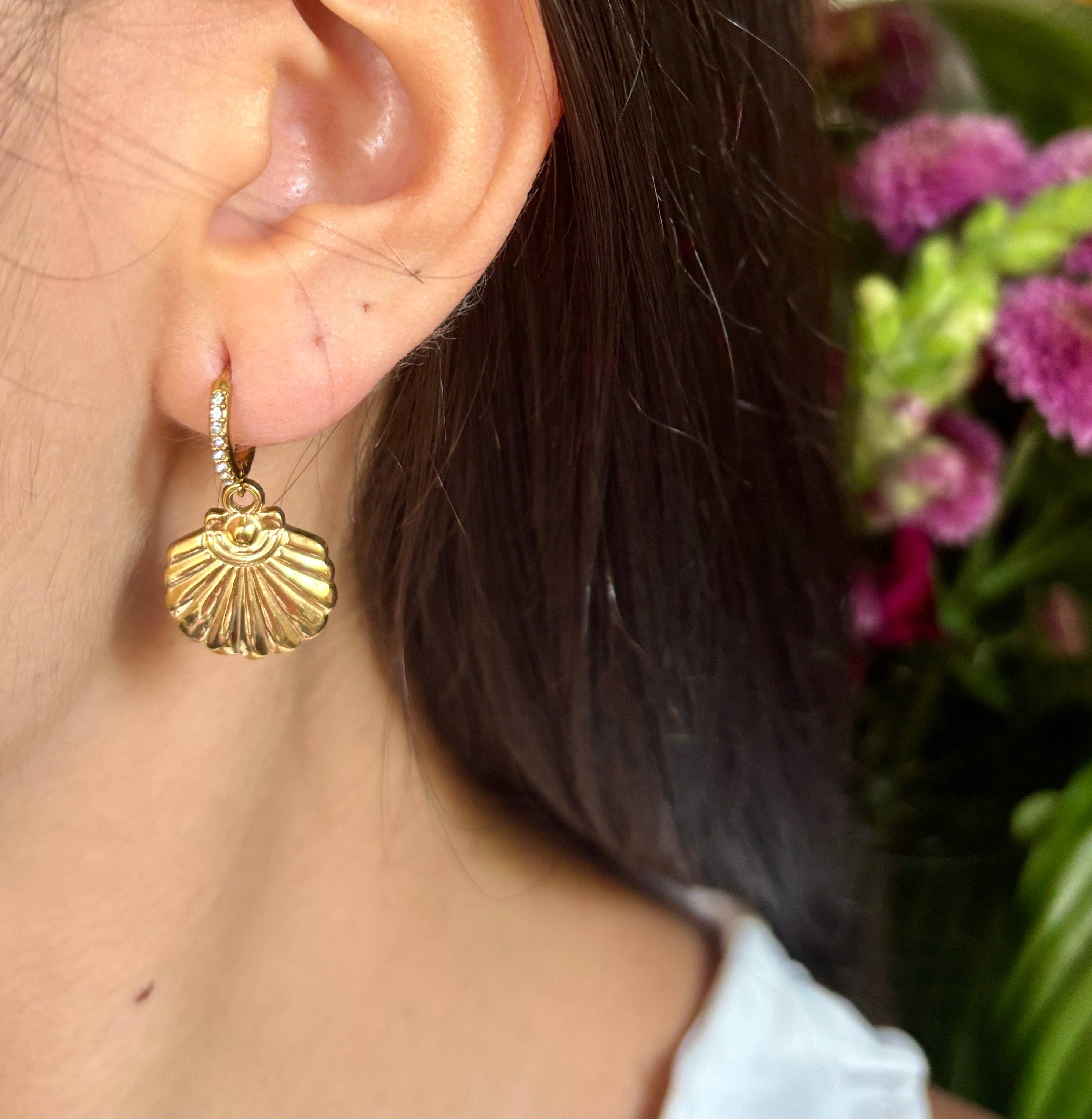 18ct Gold Plated Cubic Zirconia Shell Huggie Earrings