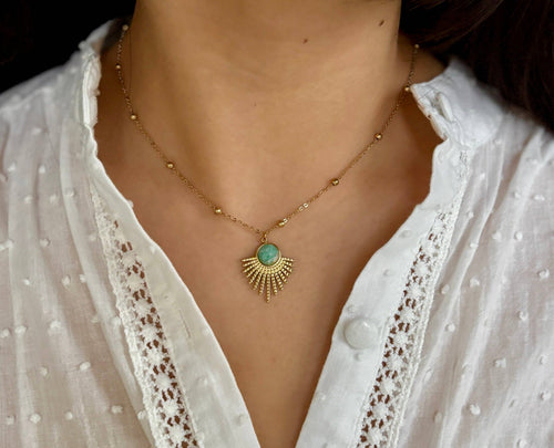 18ct Gold Plated Amazonite Feather Pendant Necklace  