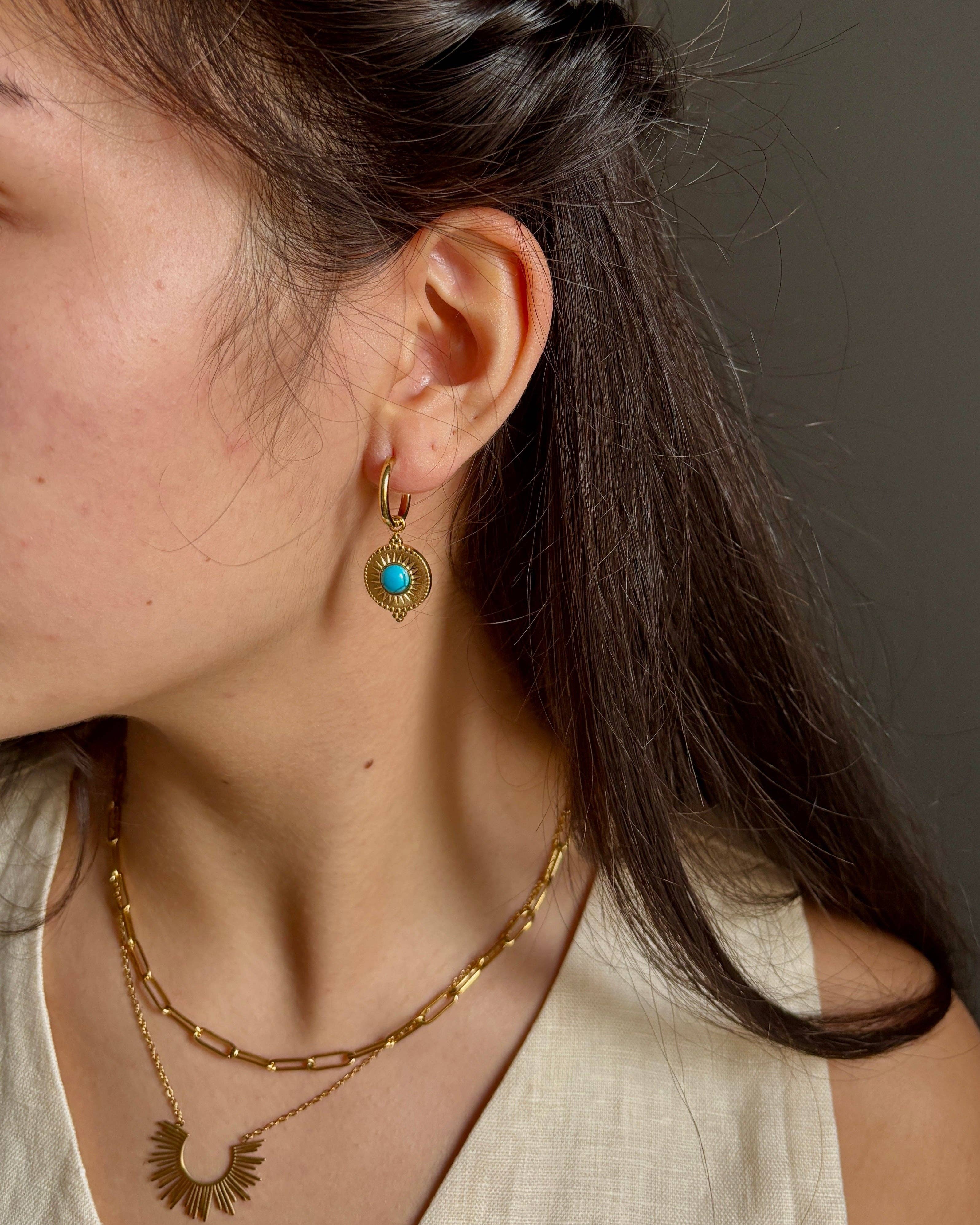 18ct Gold Plated Turquoise Sun Disc Huggie Earrings