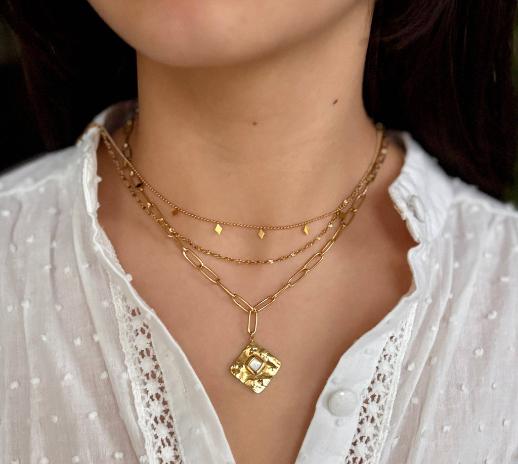 18ct Gold Plated Mother Of Pearl Square Pendant Necklace    